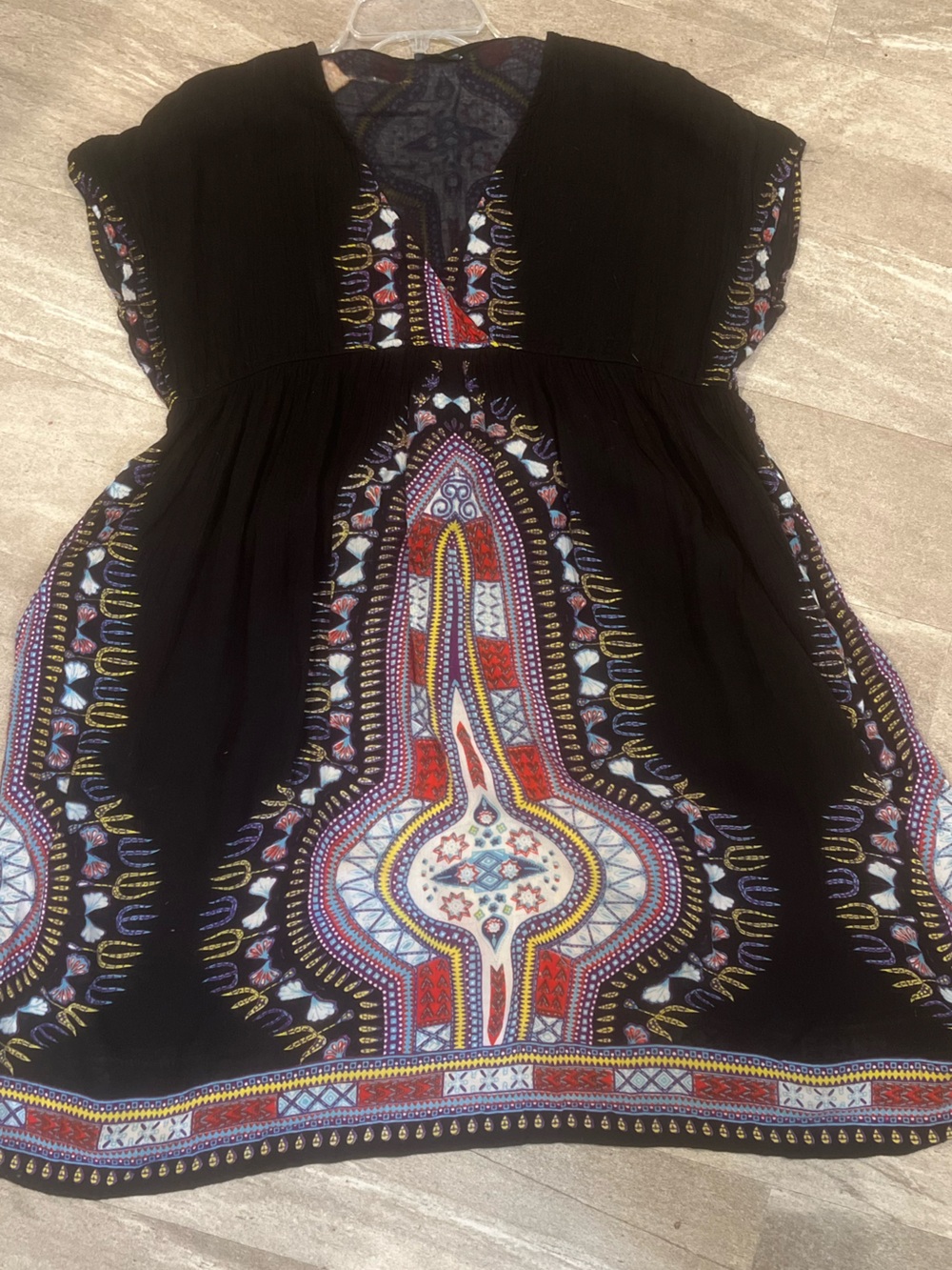 Black Printed V-Neck Short Sleeve, Rayon, Elastic Waist , Casual Dress